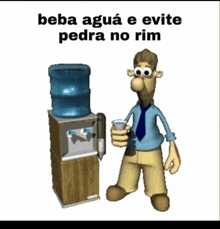 a cartoon man standing next to a water cooler with the words beba agua e evite pedra no rim