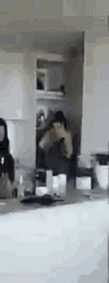 a person is standing in a kitchen taking a picture of themselves .