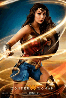 a movie poster for wonder woman showing a woman holding a sword and shield