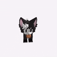 a black and white fox with a pumpkin in its mouth is flying in the air .