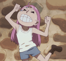 a cartoon girl with pink hair and a white tank top is making a face
