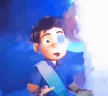 a cartoon character with a blue shirt and a sash around his neck is standing in front of a blue wall .