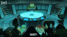 a group of cartoon characters are sitting around a table with the words quiet written on the bottom