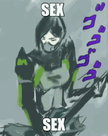 a drawing of a person with a mask on holding a sword with the words `` sex sex '' written on it .