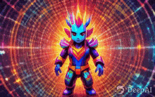 a colorful cartoon character with red eyes is standing in front of a glowing background .