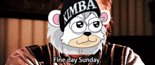 a cartoon bear wearing a beanie that says kimba on it