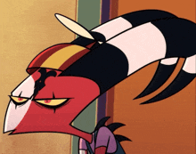 a close up of a cartoon character with a striped hat on