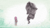 a drawing of a girl with pink hair standing next to a hippopotamus .