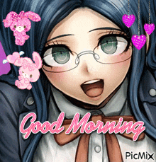 a picture of a girl with glasses that says good morning picmix