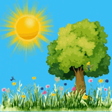 a tree in a field with flowers and a sun that says " good morning "