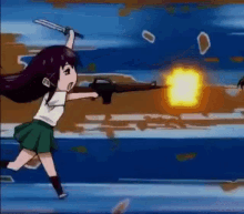 a cartoon girl is holding a sword in front of a gun that is being fired .