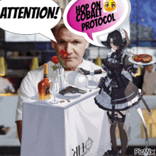 a cartoon of a man and a maid with a speech bubble that says attention and hop on cobalt protocol
