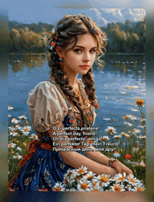 a painting of a woman sitting in a field of flowers