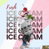 a cartoon character stands in front of a bowl of ice cream with the words fresh ice cream behind him