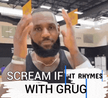 a man with a beard is screaming with the words " scream if it rhymes with grug "