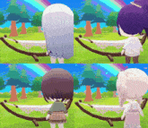 a cartoon of a girl standing in front of a hammock with trees in the background