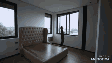a woman is standing in a bedroom with a bed and a window made in animotica