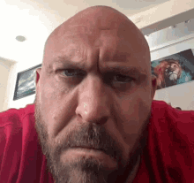 a bald man with a beard is looking at the camera
