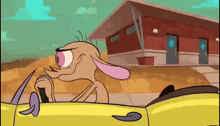 a cartoon character is driving a yellow car in front of a red building