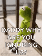 kermit the frog is sitting on a railing and asking daddy why are you ignoring us .