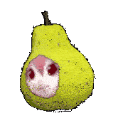 a green pear with a face on it