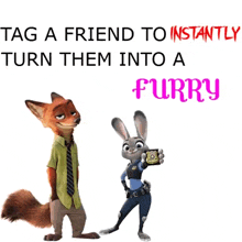 a fox and a rabbit from zootopia are standing next to each other on a white background