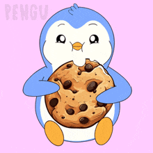 a penguin is holding a chocolate chip cookie with the word pengu on the bottom