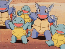 a group of cartoon turtles are smiling and waving their arms