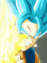 a cartoon character with blue hair and yellow eyes
