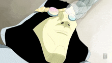 a cartoon drawing of a man with glasses and a trash can in the background