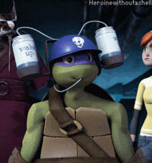 a teenage mutant ninja turtle wearing a helmet with two cans on it that say wake up