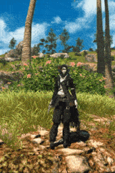 a video game character standing in a field with palm trees