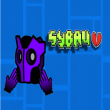 a blue background with a purple mask and the words syaru on it