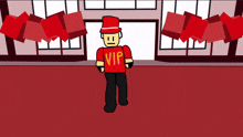 a man wearing a red shirt that says vip on it