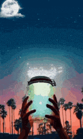 a person is holding a jar with a light coming out of it in front of a full moon .
