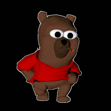 a cartoon bear wearing a red shirt with a yellow object in his mouth