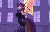 a girl with horns and a purple tail stands in front of a window