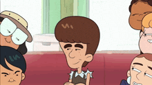 a group of cartoon characters are gathered around a boy with a star on his chest