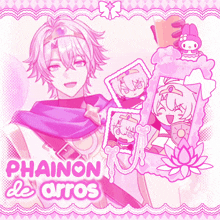 a pink poster with a picture of a boy and the name phainon de arros