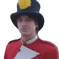 a man wearing a top hat with a yellow feather on top