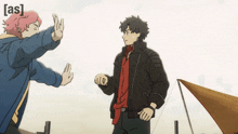 two anime characters are giving each other a high five in front of a tent and the words [ as ] on the bottom