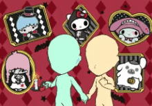 a couple of cartoon characters holding hands with a candle in the middle