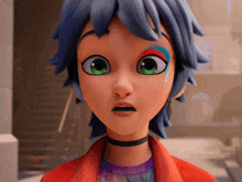 a cartoon girl with blue hair and green eyes