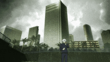 a man stands in front of a tall building with a palm tree in the background