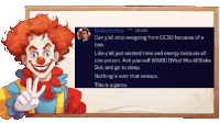 a clown is standing next to a board that says blakeharlaw