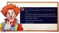 a clown is standing next to a board that says blakeharlaw