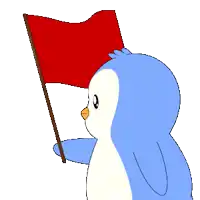 a penguin is holding a red flag in its hand