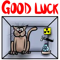 a cartoon of a cat in a cage with the words good luck above it