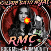 a poster for the rock metal community with a woman giving a middle finger