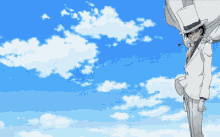 a man in a white suit and top hat is standing in front of a blue sky